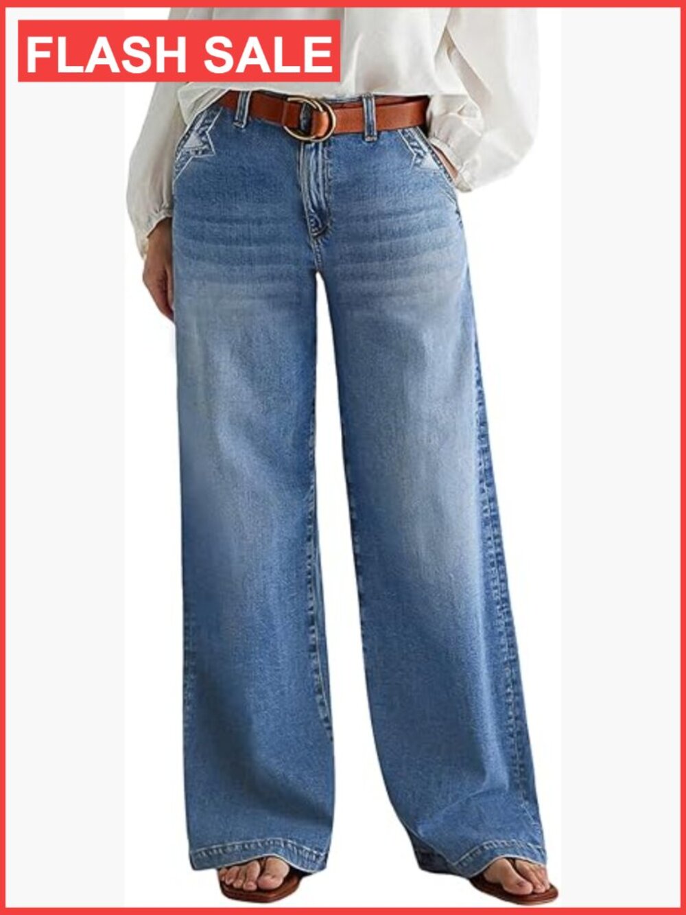 Wide Leg Mid Waist Baggy Jeans Stitch Decor Denim Pants - Picture 1 of 7
